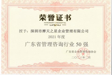 巅峰国际荣获2021年度“广东省管理咨询行业50强”企业